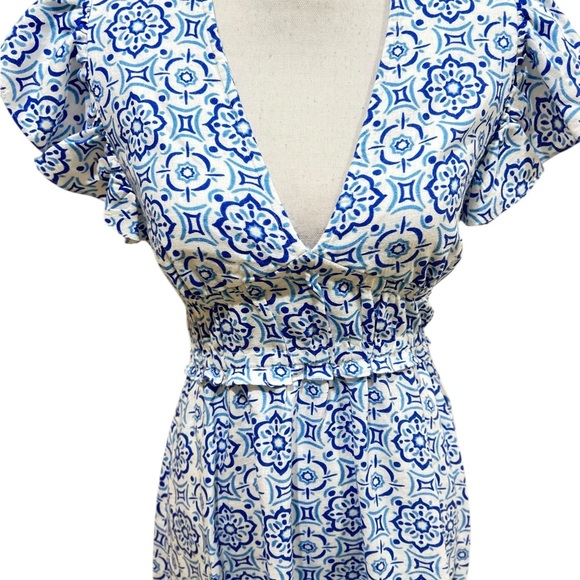 Sail to Sable Blue/White floral linen blend Mini Dress flutter sleeve size xs - Picture 8 of 12